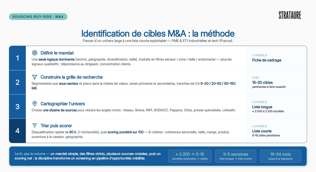 Méthode Buy-Side M&A : de 2 200 sociétés à 5–15 cibles qualifiées