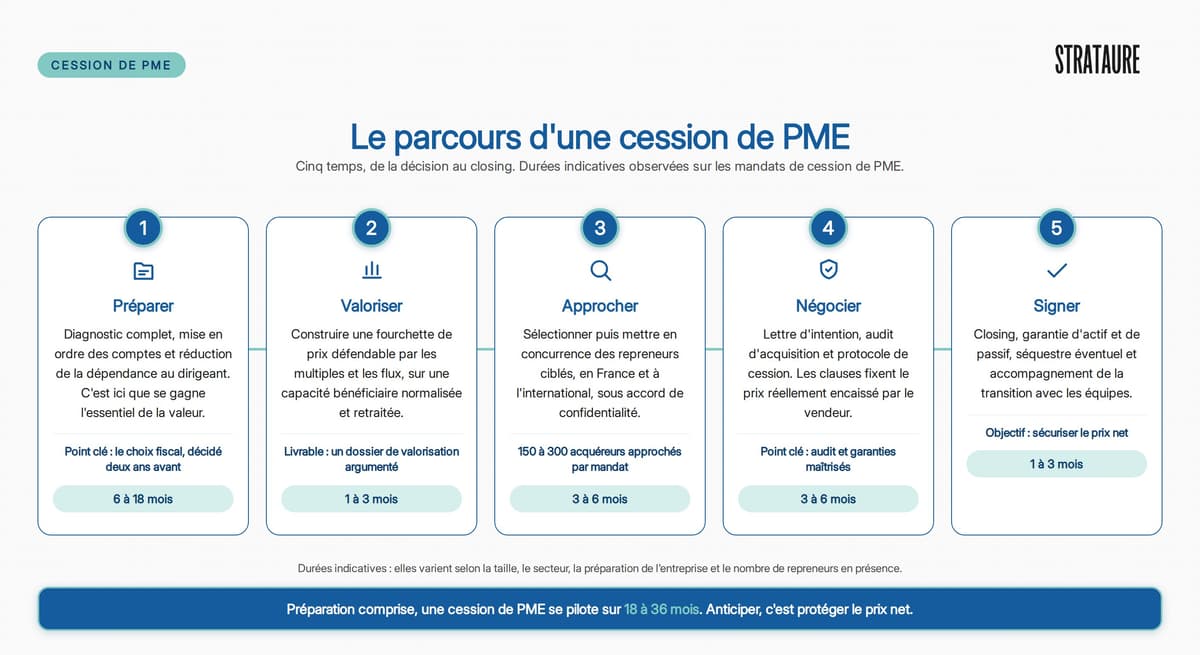 Le parcours d'une cession de PME en cinq temps : préparer, valoriser, approcher les repreneurs, négocier, signer