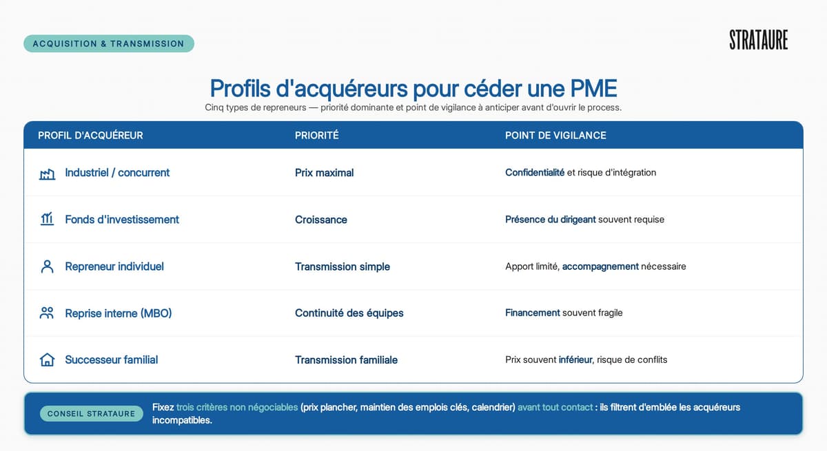 Profils d'acquéreurs pour céder une PME : comparatif