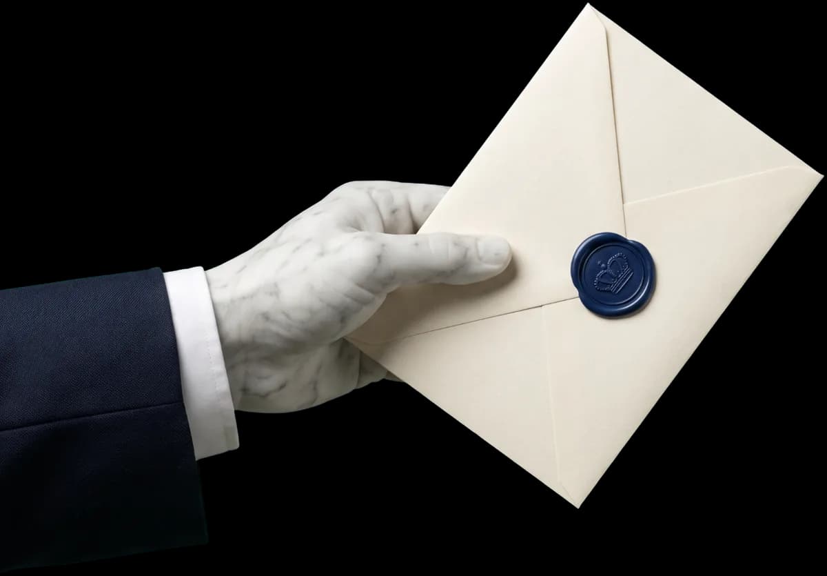 Marble hand holding a sealed envelope