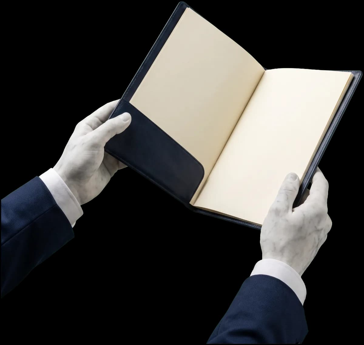 Marble hands opening a presentation folder