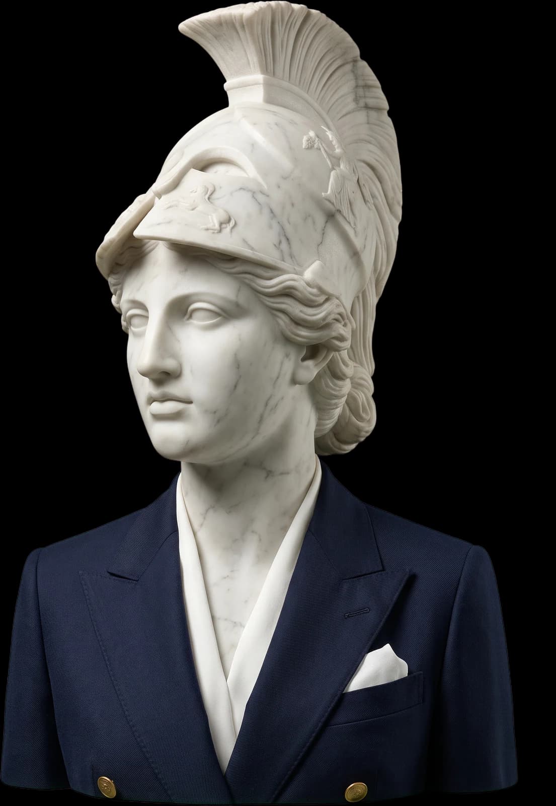 Athéna en marbre, en costume bleu marine
