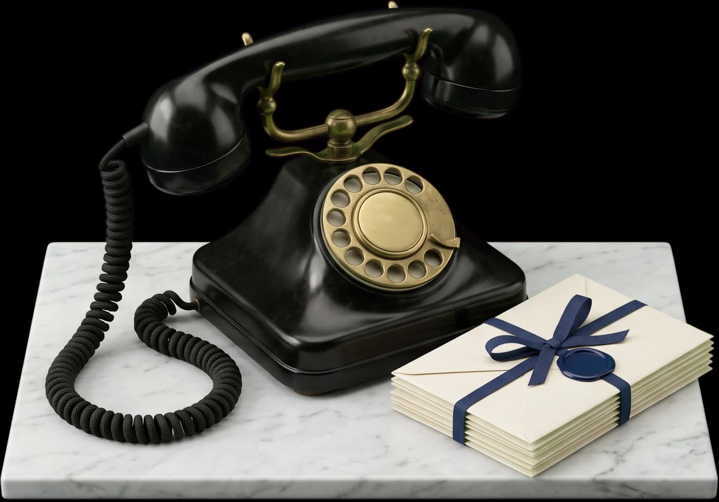 Téléphone ancien et lettres scellées de cire bleue