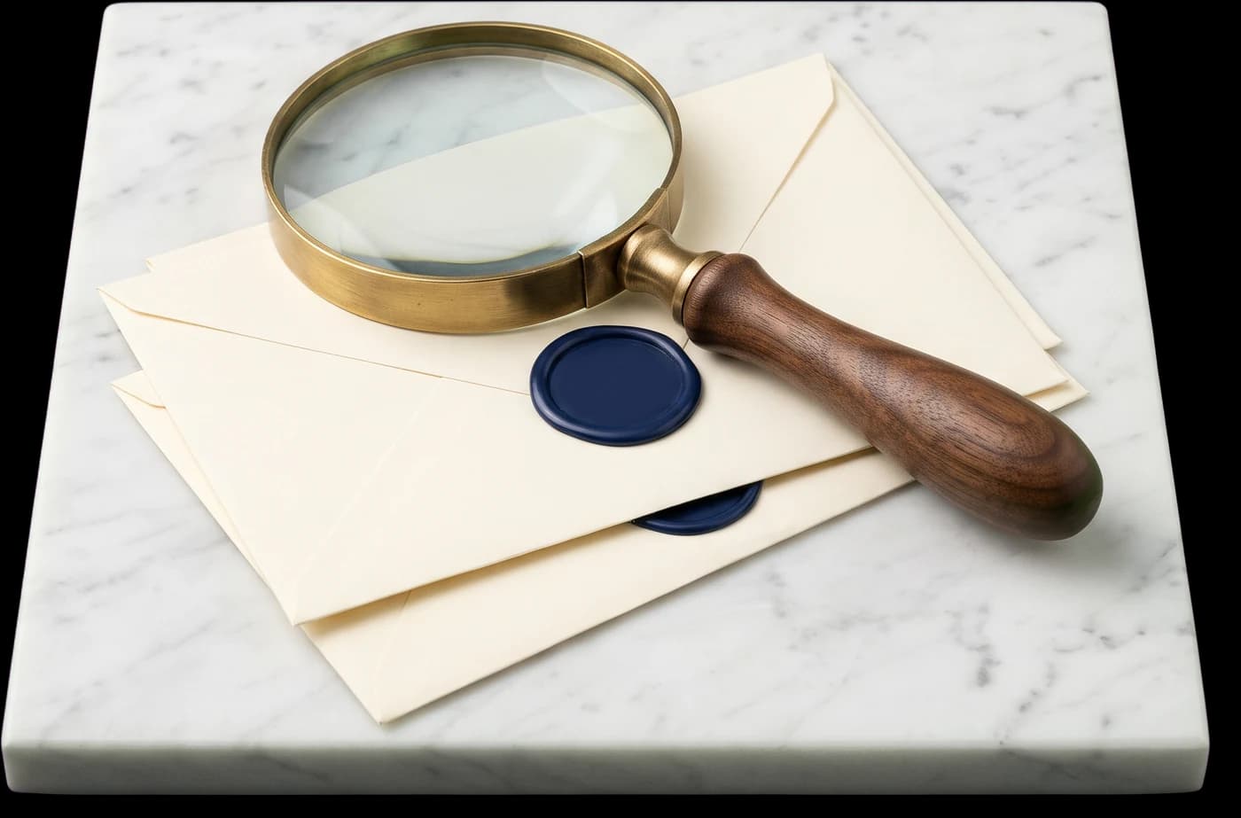 Loupe en laiton posée sur des lettres scellées