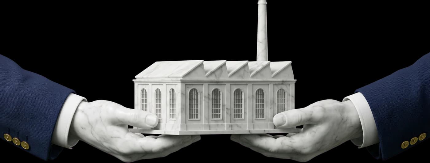 Mains de marbre se transmettant la maquette d'une usine