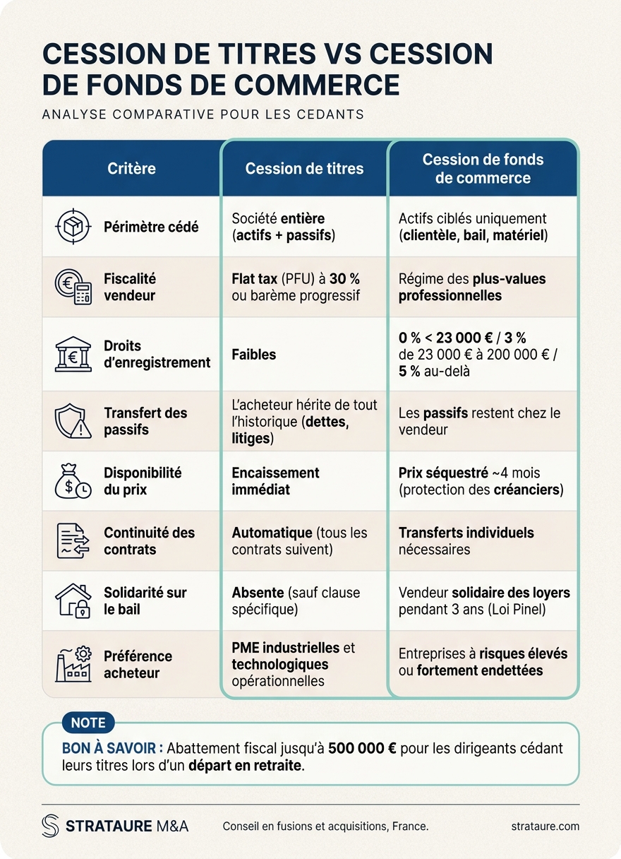 Cession de titres vs Cession de fonds de commerce : comparaison complète
